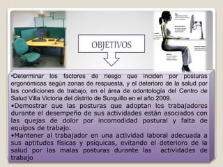 OBJETIVOS
•Determinar los factores de riesgo que inciden por posturas
ergonómicas según zonas de respuesta, y el deterioro de la salud por
las condiciones de trabajo, en el área de odontología del Centro de
Salud Villa Victoria del distrito de Surquillo en el año 2009.
•Demostrar que las posturas que adoptan los trabajadores
durante el desempeño de sus actividades están asociados con
las quejas de dolor por incomodidad postural y falta de
equipos de trabajo.
•Mantener al trabajador en una actividad laboral adecuada a
sus aptitudes físicas y psíquicas, evitando el deterioro de la
salud por las malas posturas durante las actividades de
trabajo
 