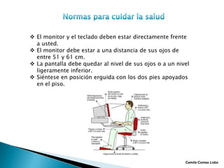  El monitor y el teclado deben estar directamente frente
  a usted.
 El monitor debe estar a una distancia de sus ojos de
  entre 51 y 61 cm.
 La pantalla debe quedar al nivel de sus ojos o a un nivel
  ligeramente inferior.
 Siéntese en posición erguida con los dos pies apoyados
  en el piso.




                                                         Camila Comas Lobo
 