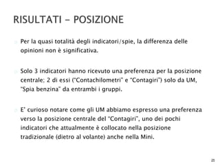  Per la quasi totalità degli indicatori/spie, la differenza delle 
opinioni non è significativa. 
 Solo 3 indicatori hanno ricevuto una preferenza per la posizione 
centrale; 2 di essi (“Contachilometri” e “Contagiri”) solo da UM, 
“Spia benzina” da entrambi i gruppi. 
 E’ curioso notare come gli UM abbiamo espresso una preferenza 
verso la posizione centrale del “Contagiri”, uno dei pochi 
indicatori che attualmente è collocato nella posizione 
tradizionale (dietro al volante) anche nella Mini. 
25 
 