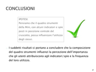  I suddetti risultati ci portano a concludere che la composizione 
del quadro strumenti influenzi la percezione dell’importanza 
che gli utenti attribuiscono agli indicatori/spie e la frequenza 
del loro utilizzo. 
27 
IPOTESI: 
Pensiamo che il quadro strumenti 
della Mini, con alcuni indicatori e spie 
posti in posizione centrale del 
cruscotto, possa influenzare l’utilizzo 
degli stessi. 
 