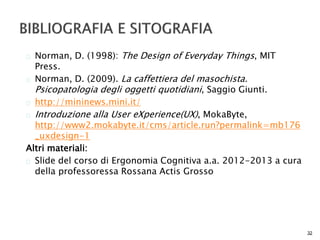  Norman, D. (1998): The Design of Everyday Things, MIT 
Press. 
 Norman, D. (2009). La caffettiera del masochista. 
Psicopatologia degli oggetti quotidiani, Saggio Giunti. 
 http://mininews.mini.it/ 
 Introduzione alla User eXperience(UX), MokaByte, 
http://www2.mokabyte.it/cms/article.run?permalink=mb176 
_uxdesign-1 
Altri materiali: 
 Slide del corso di Ergonomia Cognitiva a.a. 2012-2013 a cura 
della professoressa Rossana Actis Grosso 
32 
 
