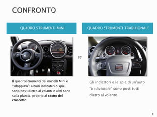 QUADRO STRUMENTI MINI QUADRO STRUMENTI TRADIZIONALE 
Il quadro strumenti dei modelli Mini è 
“sdoppiato”: alcuni indicatori o spie 
sono posti dietro al volante e altri sono 
sulla plancia, proprio al centro del 
cruscotto. 
8 
Gli indicatori e le spie di un’auto 
“tradizionale” sono posti tutti 
dietro al volante. 
VS 
 