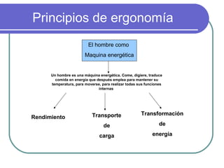 Principios de ergonomía
El hombre como
Maquina energética

Un hombre es una máquina energética. Come, digiere, traduce
comida en energía que después emplea para mantener su
temperatura, para moverse, para realizar todas sus funciones
internas

Rendimiento

Transporte

Transformación

de

de

carga

energía

 
