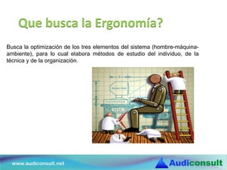 Que busca la Ergonomía?
Busca la optimización de los tres elementos del sistema (hombre-máquina-
ambiente), para lo cual elabora métodos de estudio del individuo, de la
técnica y de la organización.
 
