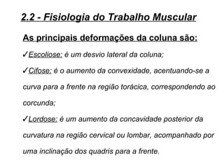 2.2 - Fisiologia do Trabalho Muscular

As principais deformações da coluna são:
Escoliose: é um desvio lateral da coluna;

Cifose: é o aumento da convexidade, acentuando-se a

curva para a frente na região torácica, correspondendo ao

corcunda;

Lordose: é um aumento da concavidade posterior da

curvatura na região cervical ou lombar, acompanhado por

uma inclinação dos quadris para a frente.
 