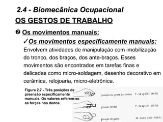 2.4 - Biomecânica Ocupacional
OS GESTOS DE TRABALHO
— Os movimentos manuais:
  Os movimentos especificamente manuais:
  Envolvem atividades de manipulação com imobilização
  do tronco, dos braços, dos ante-braços. Esses
  movimentos são encontrados em tarefas finas e
  delicadas como micro-soldagem, desenho decorativo em
  cerâmica, relojoaria, micro-eletrônica.
  Figura 2.7 - Três posições de
  preensão especificamente
  manuais. Os valores referem-se
  as forças nos dedos.
 