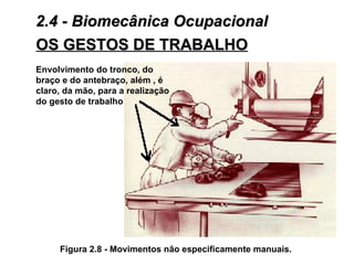 2.4 - Biomecânica Ocupacional
OS GESTOS DE TRABALHO
Envolvimento do tronco, do
braço e do antebraço, além , é
claro, da mão, para a realização
do gesto de trabalho




     Figura 2.8 - Movimentos não especificamente manuais.
 