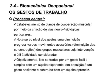 2.4 - Biomecânica Ocupacional
OS GESTOS DE TRABALHO
· Processo central:
  Estabelecimento de planos de cooperação muscular,
  por meio da criação de vias neuro-fisiológicas
  particulares;
  Nota-se ao nível dos gestos uma diminuição
  progressiva dos movimentos acessórios (diminuição das
  co-contrações) dos grupos musculares cuja intervenção
  é útil à atividade considerada;
  Objetivamente, isto se traduz por um gesto fácil e
  simples com um sujeito experiente, em oposição à um
  gesto hesitante e contraído com um sujeito aprendiz.
 