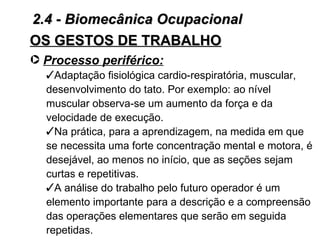 2.4 - Biomecânica Ocupacional
OS GESTOS DE TRABALHO
· Processo periférico:
  Adaptação fisiológica cardio-respiratória, muscular,
  desenvolvimento do tato. Por exemplo: ao nível
  muscular observa-se um aumento da força e da
  velocidade de execução.
  Na prática, para a aprendizagem, na medida em que
  se necessita uma forte concentração mental e motora, é
  desejável, ao menos no início, que as seções sejam
  curtas e repetitivas.
  A análise do trabalho pelo futuro operador é um
  elemento importante para a descrição e a compreensão
  das operações elementares que serão em seguida
  repetidas.
 