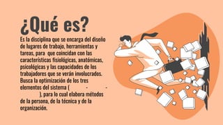 ¿Qué es?
Es la disciplina que se encarga del diseño
de lugares de trabajo, herramientas y
tareas, para que coincidan con las
características fisiológicas, anatómicas,
psicológicas y las capacidades de los
trabajadores que se verán involucrados.
Busca la optimización de los tres
elementos del sistema (humano-máquina-
ambiente), para lo cual elabora métodos
de la persona, de la técnica y de la
organización.
 