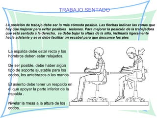 TRABAJO SENTADO

La posición de trabajo debe ser lo más cómoda posible. Las flechas indican las zonas que
hay que mejorar para evitar posibles lesiones. Para mejorar la posición de la trabajadora
que está sentada a la derecha, se debe bajar la altura de la silla, inclinarla ligeramente
hacia adelante y se le debe facilitar un escabel para que descanse los pies


 La espalda debe estar recta y los
 hombros deben estar relajados.

 De ser posible, debe haber algún
 tipo de soporte ajustable para los
 codos, los antebrazos o las manos.

 El asiento debe tener un respaldo en
 el que apoyar la parte inferior de la
 espalda .

 Nivelar la mesa a la altura de los
 codos.
 