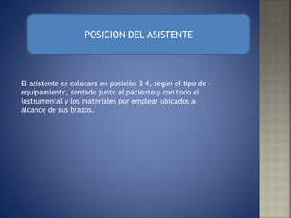 POSICION DEL ASISTENTE El asistente se colocara en posición 3-4, según el tipo de equipamiento, sentado junto al paciente y con todo el instrumental y los materiales por emplear ubicados al alcance de sus brazos. 
