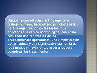 Disciplina que estudia científicamente el trabajo humano, ha aportado principios básicos para la organización de las tareas, que aplicados a la clínica odontológica, dan como resultado una realización de los procedimientos operatorios, una simplificación de las rutinas y una significativa economía de los tiempos y movimientos necesarios para completar los tratamientos.  