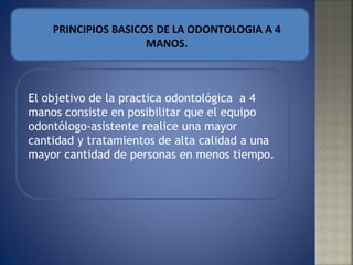 PRINCIPIOS BASICOS DE LA ODONTOLOGIA A 4 MANOS. El objetivo de la practica odontológica  a 4 manos consiste en posibilitar que el equipo odontólogo-asistente realice una mayor cantidad y tratamientos de alta calidad a una mayor cantidad de personas en menos tiempo.  