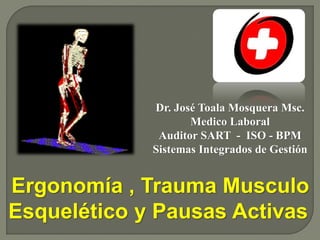 Ergonomía , Trauma Musculo
Esquelético y Pausas Activas
Dr. José Toala Mosquera Msc.
Medico Laboral
Auditor SART - ISO - BPM
Sistemas Integrados de Gestión
 