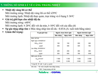 7. THÔNG SỐ SINH LÝ VỀ CĂNG THẲNG NHIỆT 
- 
22 
 Nhiệt độ vùng lõi cơ thể 
Môi trường nóng: Nhiệt độ vùng lõi cơ thể 39oC 
Môi trường lạnh: Nhiệt độ thực quản, trực tràng và ổ bụng  36oC 
 Giá trị giới hạn cho nhiệt độ da 
Môi trường nóng: 40oC 
Môi trường lạnh:  20oC đối với da trán,  10oC đối với các đầu chi 
 Sự gia tăng nhịp tim  Mức tăng nhịp tim tối đa - 0.85A (A: tuổi tính bằng năm) 
 Giảm thể trọng: 
 