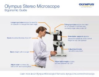 Olympus Stereo Microscope
Ergonomic Guide
Learn more about Olympus Microscopes! Visit www.olympus-ims.com/en/microscope
Back straight with no angle
Adjust chair so knees are
bent at 90º and touching floor
Neck should be tilted less than 20º
Longer eye tubes reduce the need for
an operator to change their back angle Tilting eye tubes reduce the need
for an operator to tilt their neck
and keep angle safely under 20º
Extendable eyepoint adjuster
places the eyepieces at the correct
height for any size operator
Adjust table height so arms
are bent between 90-120º
Adjustment knobs
are within easy reach
 