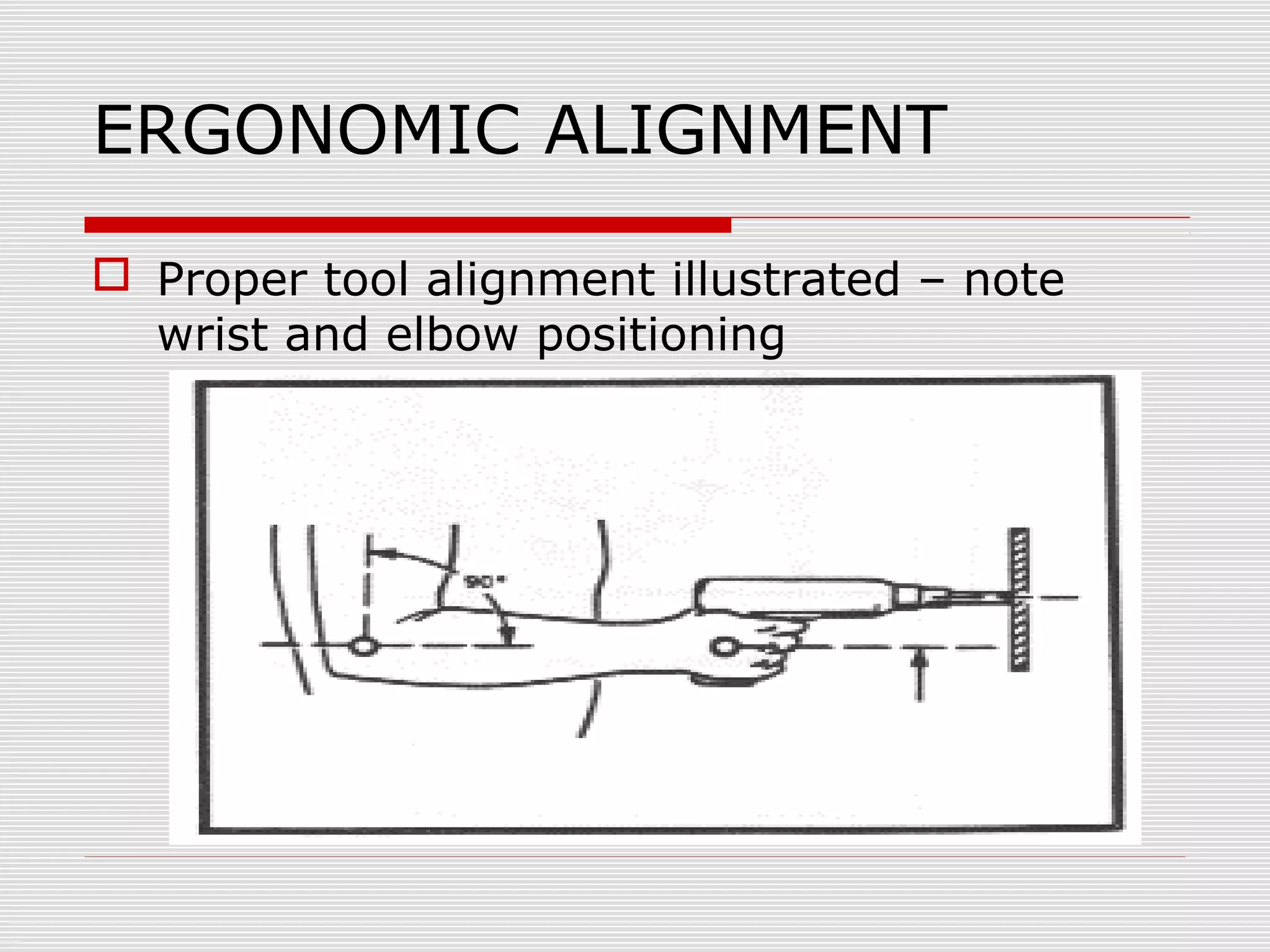 ERGONOMIC ALIGNMENT
 Proper tool alignment illustrated – note
wrist and elbow positioning
 
