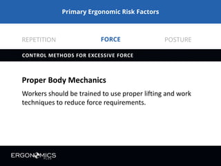 Primary Ergonomic Risk Factors
FORCE REPETITION POSTURE
JOB ROTATION
Job task enlargement is a way to reduce duration, frequency and
severity of MSD risk factors. Workers can rotate between
workstations and tasks to avoid prolonged periods of performing a
single task, thereby reducing fatigue that can lead to MSD.
Control Methods for High Repetition
Ergo-Plus.com
 