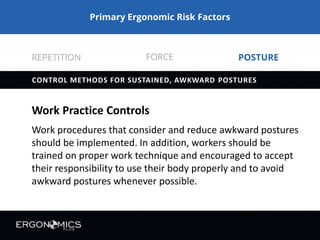 Primary Ergonomic Risk Factors
FORCE REPETITION POSTURE
Awkward postures
= RISK!
Ergo-Plus.com
 