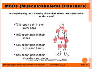 MSDs (Musculoskeletal Disorders)
MSDs (Musculoskeletal Disorders)
Hardhat Ergonomics-PowerPoint Presentation 1.2 (November 2000) Slide 14
A study done by the University of Iowa has shown that construction
workers hurt!
• 70% report pain in their
lower back
• 46% report pain in their
knees
• 43% report pain in their
wrists and hands
• 42% report pain in their
shoulders and necks
(The University of Iowa Construction Survey, 1996)
 