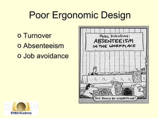 Poor Ergonomic Design
o Turnover
o Absenteeism
o Job avoidance
 