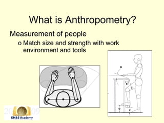 What is Anthropometry?
Measurement of people
o Match size and strength with work
environment and tools
 
