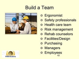 43
Build a Team
o Ergonomist
o Safety professionals
o Health care team
o Risk management
o Rehab counselors
o Facilities/Design
o Purchasing
o Managers
o Employees
 
