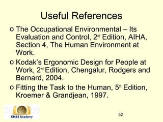 52
Useful References
o The Occupational Environmental – Its
Evaluation and Control, 2nd
Edition, AIHA,
Section 4, The Human Environment at
Work.
o Kodak’s Ergonomic Design for People at
Work, 2nd
Edition, Chengalur, Rodgers and
Bernard, 2004.
o Fitting the Task to the Human, 5th
Edition,
Kroemer & Grandjean, 1997.
 