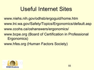 55
Useful Internet Sites
www.niehs.nih.gov/odhsb/ergoguid/home.htm
www.lni.wa.gov/Safety/Topics/Ergonomics/default.asp
www.ccohs.ca/oshanswers/ergonomics/
www.bcpe.org (Board of Certification in Professional
Ergonomics)
www.hfes.org (Human Factors Society)
 