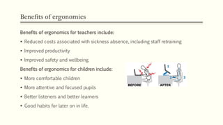 Benefits of ergonomics
Benefits of ergonomics for teachers include:
 Reduced costs associated with sickness absence, including staff retraining
 Improved productivity
 Improved safety and wellbeing.
Benefits of ergonomics for children include:
 More comfortable children
 More attentive and focused pupils
 Better listeners and better learners
 Good habits for later on in life.
 
