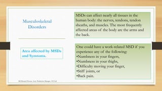 Musculoskeletal
Disorders
MSDs can affect nearly all tissues in the
human body: the nerves, tendons, tendon
sheaths, and muscles. The most frequently
affected areas of the body are the arms and
the back.
Area affected by MSDs
and Symtoms.
One could have a work-related MSD if you
experience any of the following:
•Numbness in your fingers,
•Numbness in your thighs,
•Difficulty moving your finger,
•Stiff joints, or
•Back pain.
Md Mosaruf Hossan, Asstt. Production Manager, ACI Ltd.
 