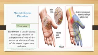 Musculoskeletal
Disorders
Numbness
Numbness is usually caused
by damage, irritation or
compression of one of the
nerves or a branch of one
of the nerves in your arm
and wrist
Md Mosaruf Hossan, Asstt. Production Manager, ACI Ltd.
 