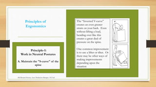 Principles of
Ergonomics
The “Inverted V-curve”
creates an even greater
strain on your back. Even
without lifting a load,
bending over like this
creates a great deal of
pressure on the spine.
One common improvement
is to use a lifter or tilter. Or
there may be other ways of
making improvements
depending upon the
situation
Principle-1:
Work in Neutral Postures
A. Maintain the "S-curve" of the
spine
Md Mosaruf Hossan, Asstt. Production Manager, ACI Ltd.
 