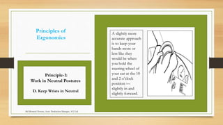 Principles of
Ergonomics
A slightly more
accurate approach
is to keep your
hands more or
less like they
would be when
you hold the
steering wheel of
your car at the 10
and 2 o’clock
position —
slightly in and
slightly forward.
Principle-1:
Work in Neutral Postures
D. Keep Wrists in Neutral
Md Mosaruf Hossan, Asstt. Production Manager, ACI Ltd.
 