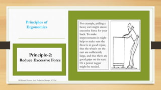 Principles of
Ergonomics
For example, pulling a
heavy cart might create
excessive force for your
back. To make
improvements it might
help to make sure the
floor is in good repair,
that the wheels on the
cart are sufficiently
large, and that there are
good grips on the cart.
Or a power tugger
might be needed.
Principle-2:
Reduce Excessive Force
Md Mosaruf Hossan, Asstt. Production Manager, ACI Ltd.
 