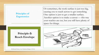 Principles of
Ergonomics
Or sometimes, the work surface is just too big,
causing you to reach across to get something.
One option is just to get a smaller surface.
Another option is to make a cutout — this way
your reaches are cut, but you still have plenty of
space for things.
Principle-3:
Reach Envelope
Md Mosaruf Hossan, Asstt. Production Manager, ACI Ltd.
 
