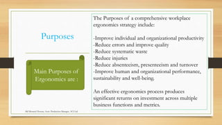 Purposes
The Purposes of a comprehensive workplace
ergonomics strategy include:
-Improve individual and organizational productivity
-Reduce errors and improve quality
-Reduce systematic waste
-Reduce injuries
-Reduce absenteeism, presenteeism and turnover
-Improve human and organizational performance,
sustainability and well-being.
An effective ergonomics process produces
significant returns on investment across multiple
business functions and metrics.
Main Purposes of
Ergonomics are :
Md Mosaruf Hossan, Asstt. Production Manager, ACI Ltd.
 