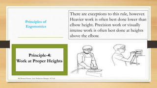 Principles of
Ergonomics
There are exceptions to this rule, however.
Heavier work is often best done lower than
elbow height. Precision work or visually
intense work is often best done at heights
above the elbow.
Principle-4:
Work at Proper Heights
Md Mosaruf Hossan, Asstt. Production Manager, ACI Ltd.
 