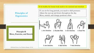 Principles of
Ergonomics
If you sit for long periods, you need to shift postures:
Adjust the seat up and down throughout the day.
Move, stretch, and change positions often.
Principle-9:
Move, Exercise, and Stretch
To be healthy the human body needs to be exercised and stretched
Md Mosaruf Hossan, Asstt. Production Manager, ACI Ltd.
 