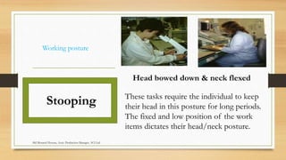 Working posture
Stooping
Head bowed down & neck flexed
These tasks require the individual to keep
their head in this posture for long periods.
The fixed and low position of the work
items dictates their head/neck posture.
Md Mosaruf Hossan, Asstt. Production Manager, ACI Ltd.
 