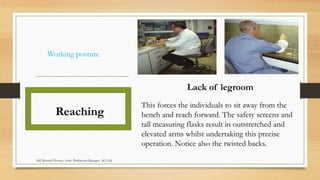 Working posture
Reaching
Lack of legroom
This forces the individuals to sit away from the
bench and reach forward. The safety screens and
tall measuring flasks result in outstretched and
elevated arms whilst undertaking this precise
operation. Notice also the twisted backs.
Md Mosaruf Hossan, Asstt. Production Manager, ACI Ltd.
 