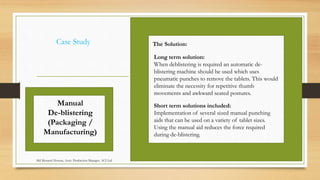 Case Study
Manual
De-blistering
(Packaging /
Manufacturing)
The Solution:
Long term solution:
When deblistering is required an automatic de-
blistering machine should be used which uses
pneumatic punches to remove the tablets. This would
eliminate the necessity for repetitive thumb
movements and awkward seated postures.
Short term solutions included:
Implementation of several sized manual punching
aids that can be used on a variety of tablet sizes.
Using the manual aid reduces the force required
during de-blistering.
Md Mosaruf Hossan, Asstt. Production Manager, ACI Ltd.
 
