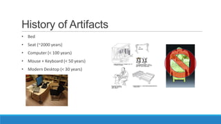 History of Artifacts
• Bed
• Seat (~2000 years)
• Computer (< 100 years)
• Mouse + Keyboard (< 50 years)
• Modern Desktop (< 30 years)
 