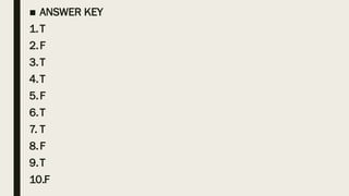 ■ ANSWER KEY
1.T
2.F
3.T
4.T
5.F
6.T
7. T
8.F
9.T
10.F
 