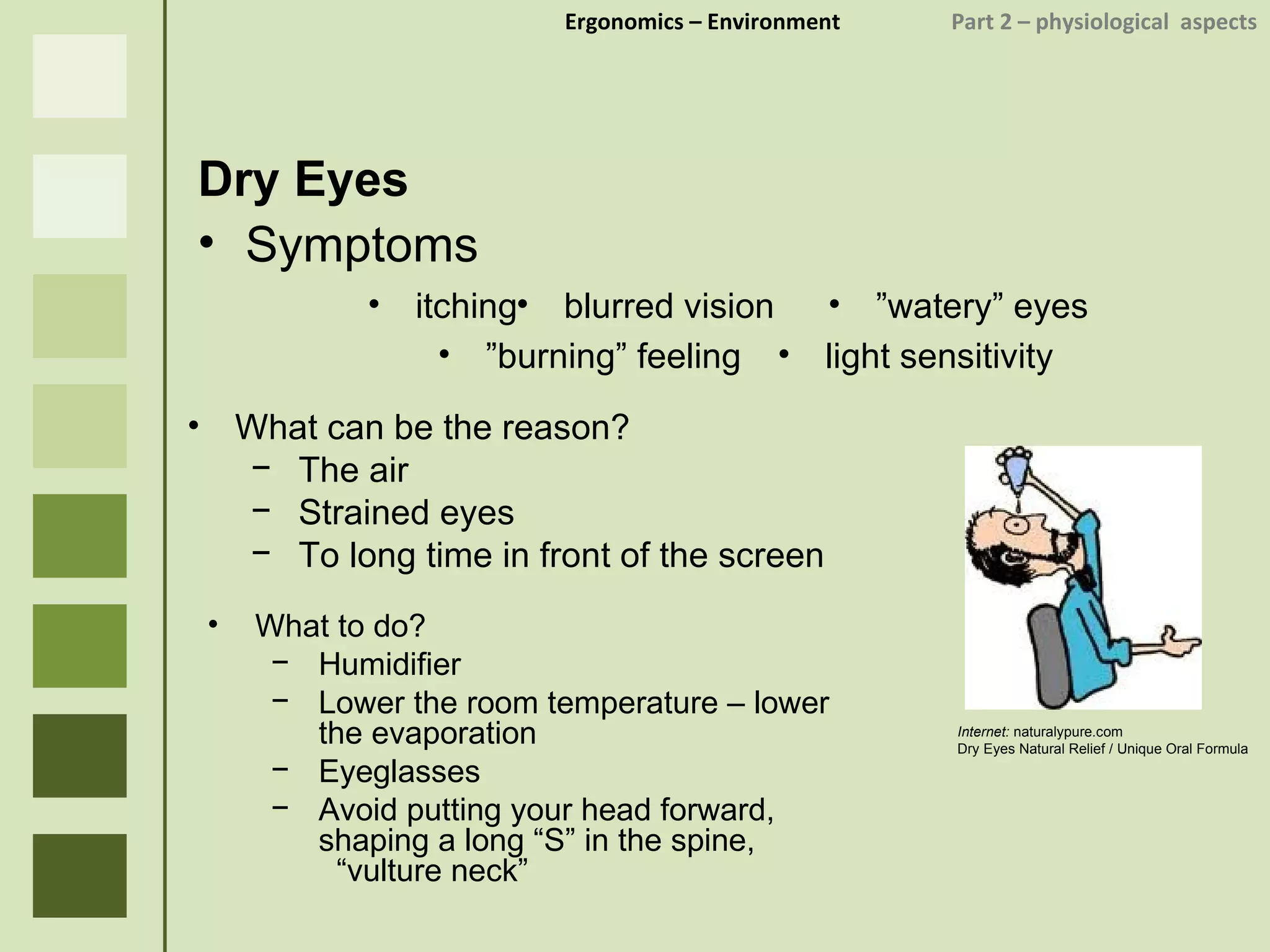 Ergonomics  – Environment    Part 2 –  physiological  aspects Dry Eyes Symptoms Internet:  naturalypure.com Dry Eyes Natural Relief / Unique Oral Formula blurred vision  ” watery” eyes  light sensitivity  ” burning” feeling  itching What can be the reason? The air Strained eyes To long time in front of the screen What to do? Humidifier Lower the room temperature – lower the evaporation  Eyeglasses Avoid putting your head forward, shaping a long “S” in the spine,  “vulture neck” 