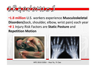 •1.8 million U.S. workers experience Musculoskeletal
Disorders(back, shoulder, elbow, wrist pain) each year
•# 1 Injury Risk Factors are Static Posture and
Repetition Motion
 