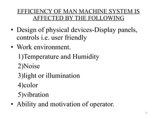 Design of physical devices-Display panels, controls i.e. user friendly Work environment. 1)Temperature and Humidity 2)Noise 3)light or illumination 4)color 5)vibration Ability and motivation of operator. EFFICIENCY OF MAN MACHINE SYSTEM IS AFFECTED BY THE FOLLOWING 