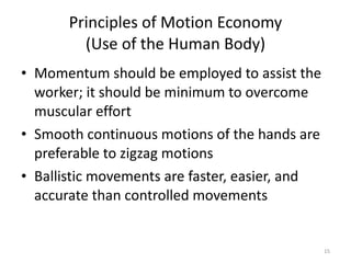 Principles of Motion Economy (Use of the Human Body) Momentum should be employed to assist the worker; it should be minimum to overcome muscular effort Smooth continuous motions of the hands are preferable to zigzag motions Ballistic movements are faster, easier, and accurate than controlled movements 