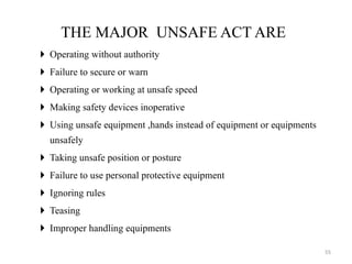 THE MAJOR  UNSAFE ACT ARE Operating without authority Failure to secure or warn Operating or working at unsafe speed Making safety devices inoperative Using unsafe equipment ,hands instead of equipment or equipments unsafely Taking unsafe position or posture Failure to use personal protective equipment Ignoring rules Teasing Improper handling equipments 
